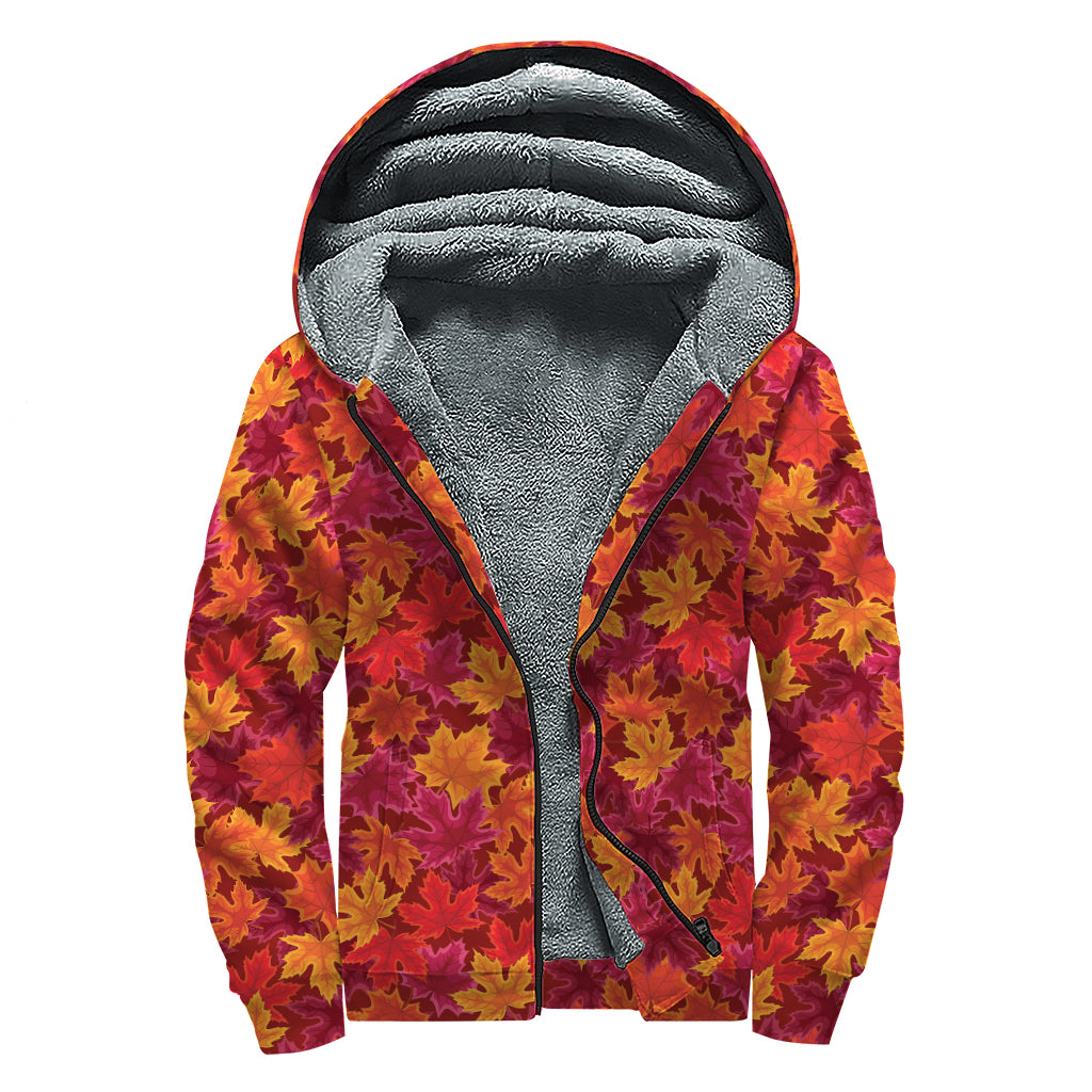 Autumn Maple Leaves Pattern Print Sherpa Lined Zip Up Hoodie