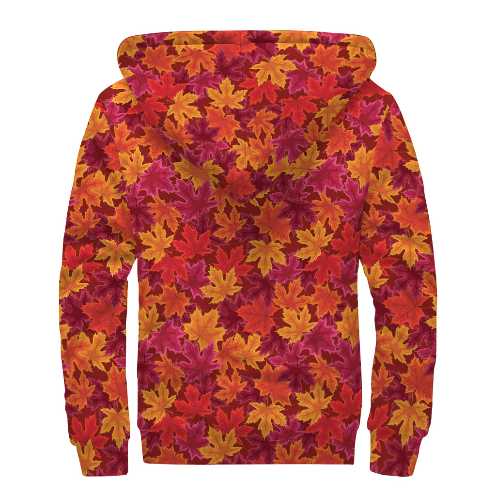 Autumn Maple Leaves Pattern Print Sherpa Lined Zip Up Hoodie