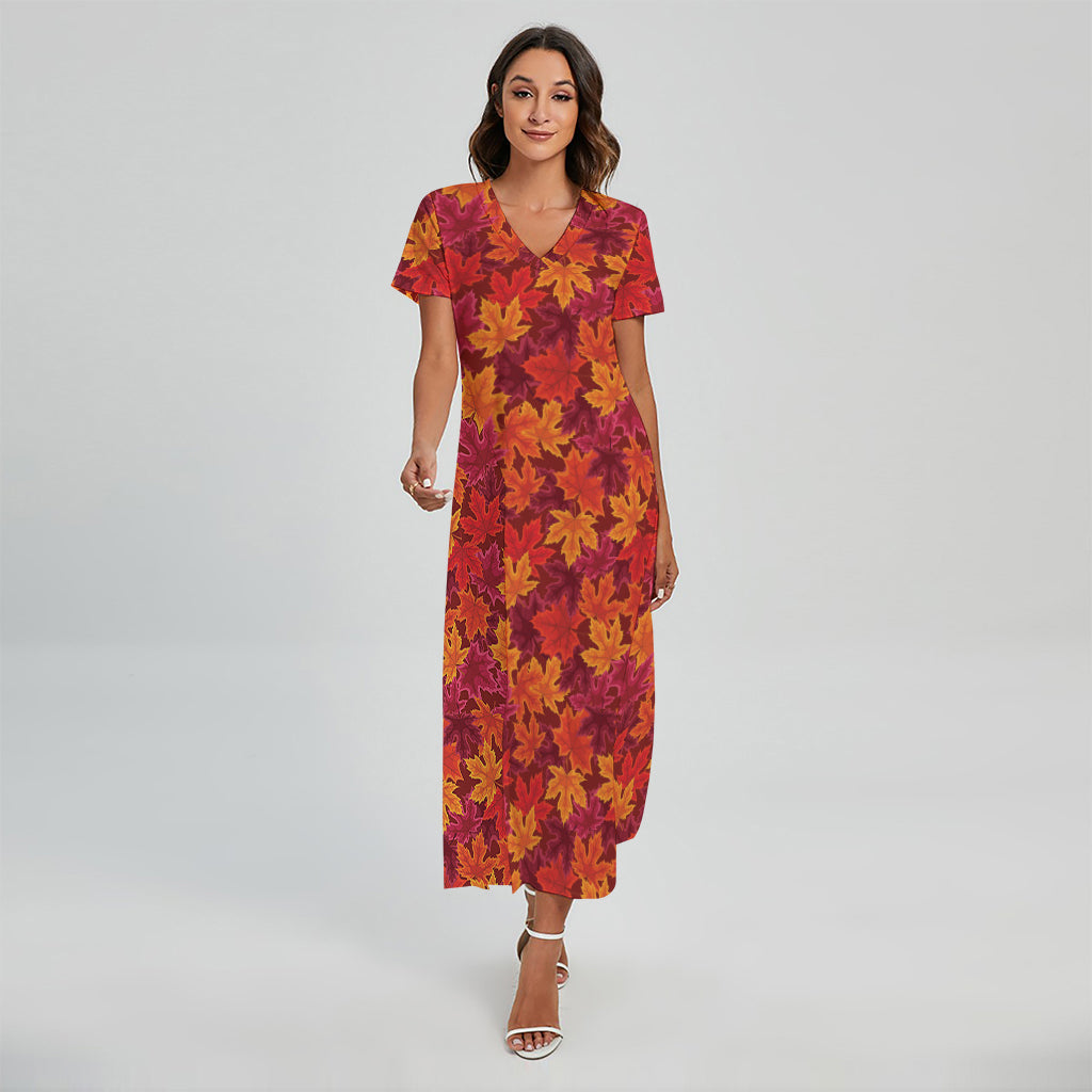 Autumn Maple Leaves Pattern Print Short Sleeve Maxi Dress