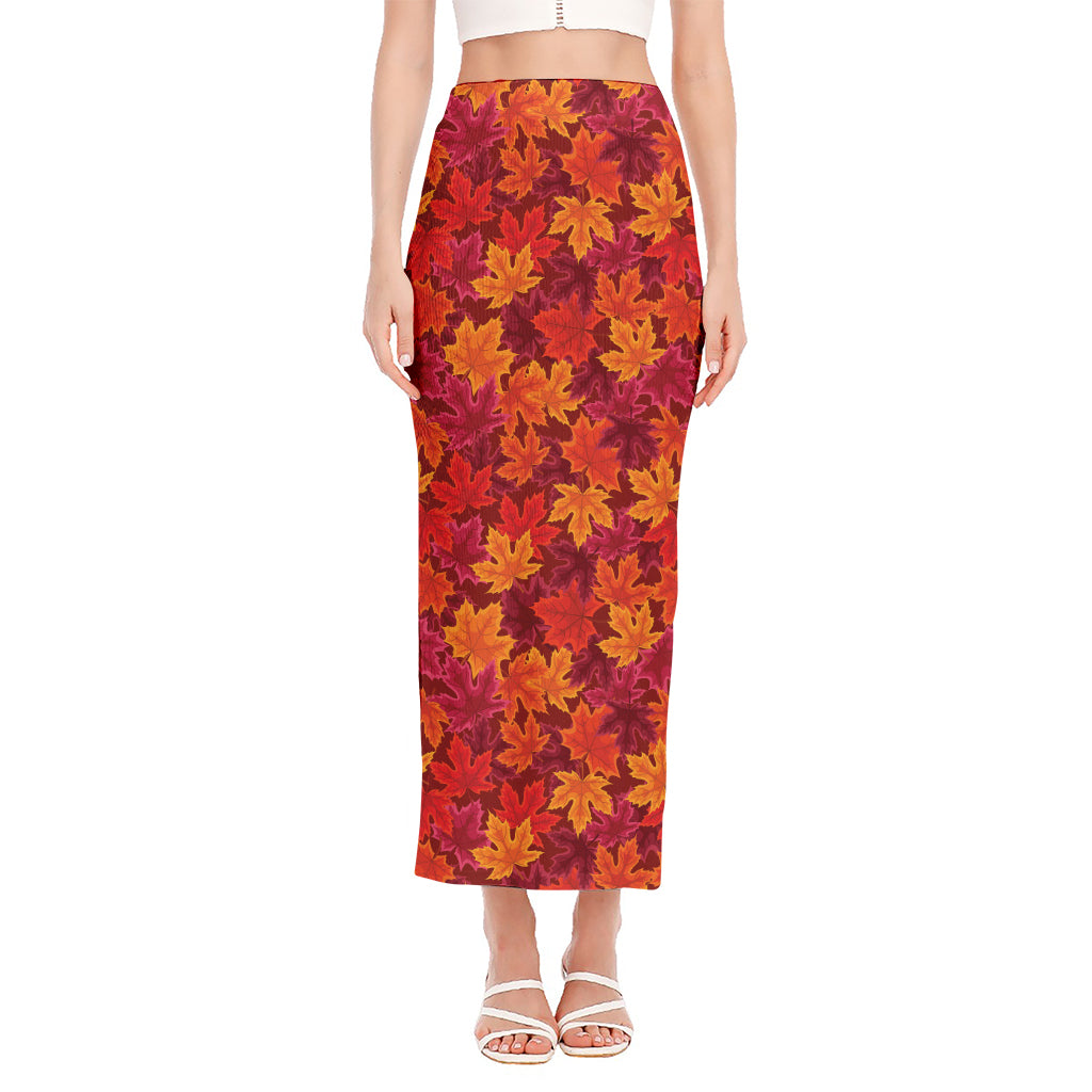 Autumn Maple Leaves Pattern Print Side Slit Maxi Skirt