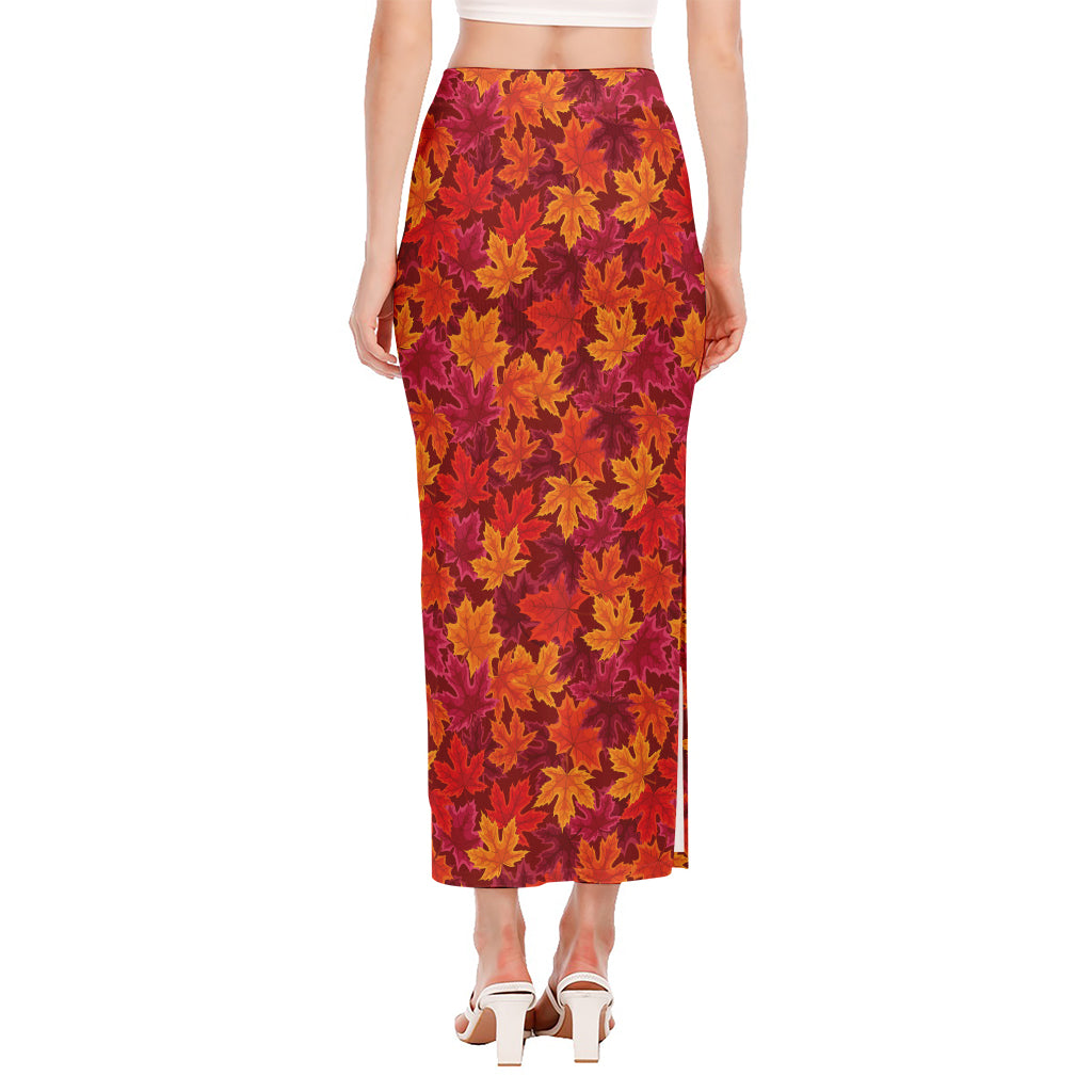 Autumn Maple Leaves Pattern Print Side Slit Maxi Skirt