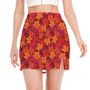 Autumn Maple Leaves Pattern Print Side Slit Mini Skirt