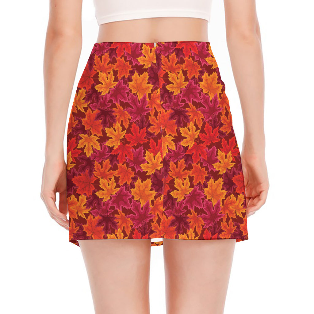 Autumn Maple Leaves Pattern Print Side Slit Mini Skirt