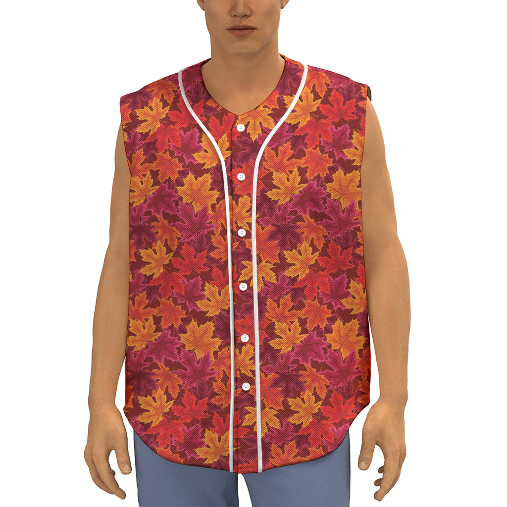 Autumn Maple Leaves Pattern Print Sleeveless Baseball Jersey