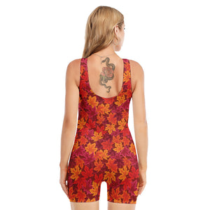 Autumn Maple Leaves Pattern Print Sleeveless One Piece Swimsuit