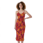 Autumn Maple Leaves Pattern Print Slim Fit Midi Cami Dress