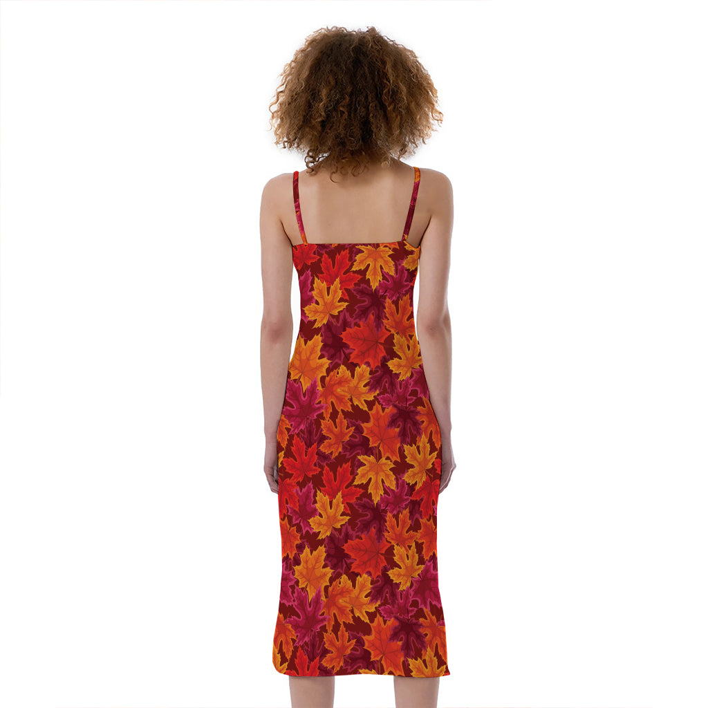 Autumn Maple Leaves Pattern Print Slim Fit Midi Cami Dress