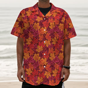 Autumn Maple Leaves Pattern Print Textured Short Sleeve Shirt