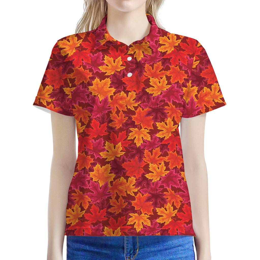 Autumn Maple Leaves Pattern Print Women's Polo Shirt