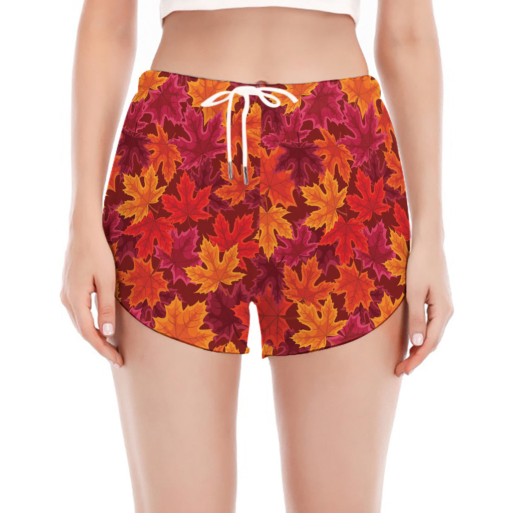 Autumn Maple Leaves Pattern Print Women's Split Running Shorts