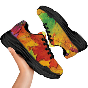 Autumn Maple Leaves Print Black Chunky Shoes