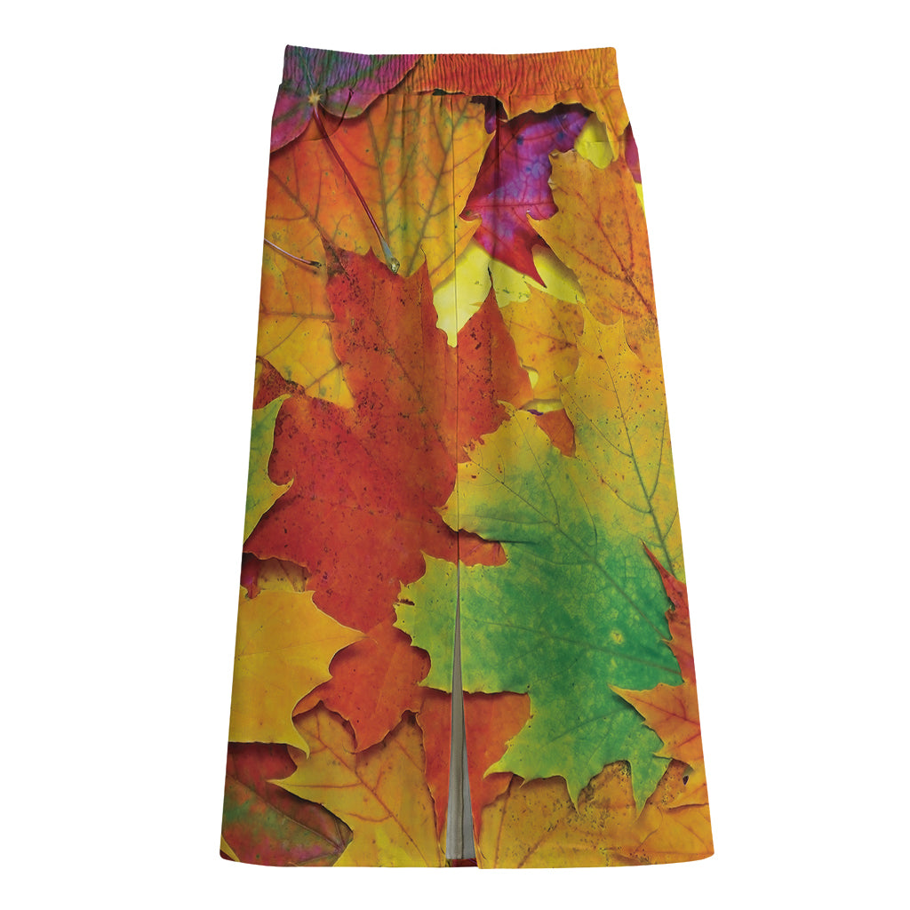 Autumn Maple Leaves Print Cotton Front Slit Maxi Skirt