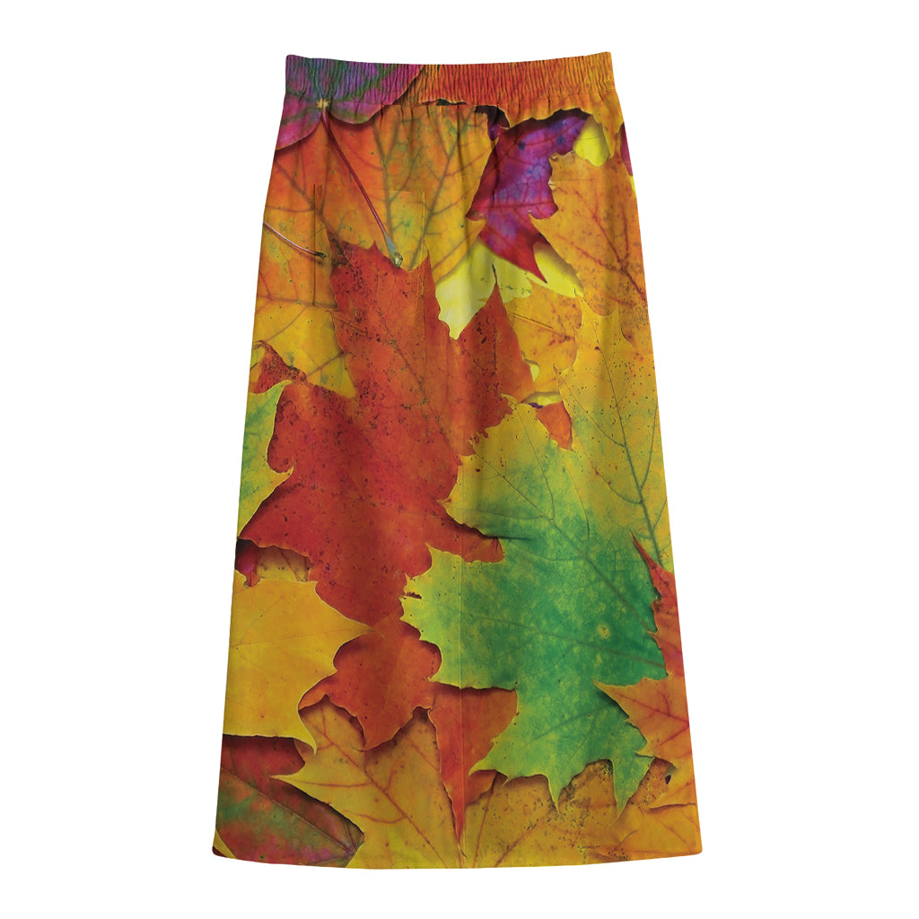 Autumn Maple Leaves Print Cotton Front Slit Maxi Skirt