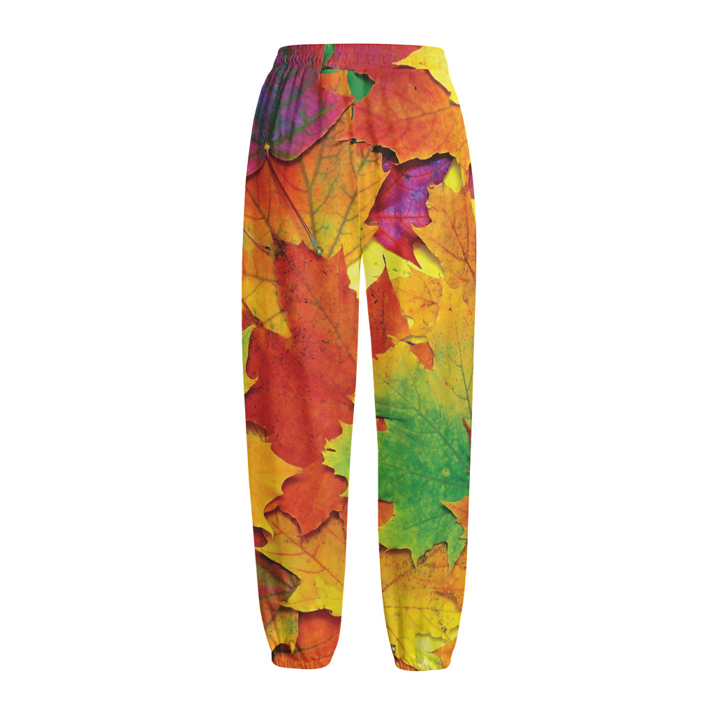 Autumn Maple Leaves Print Fleece Lined Knit Pants