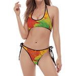 Autumn Maple Leaves Print Halter Scoop Tie Side Bikini