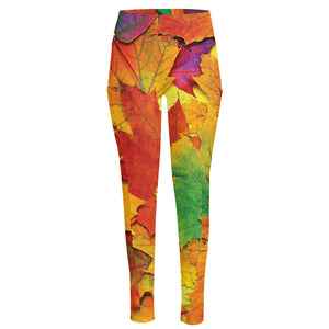 Autumn Maple Leaves Print High-Waisted Pocket Leggings