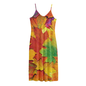 Autumn Maple Leaves Print Jersey Midi Cami Dress