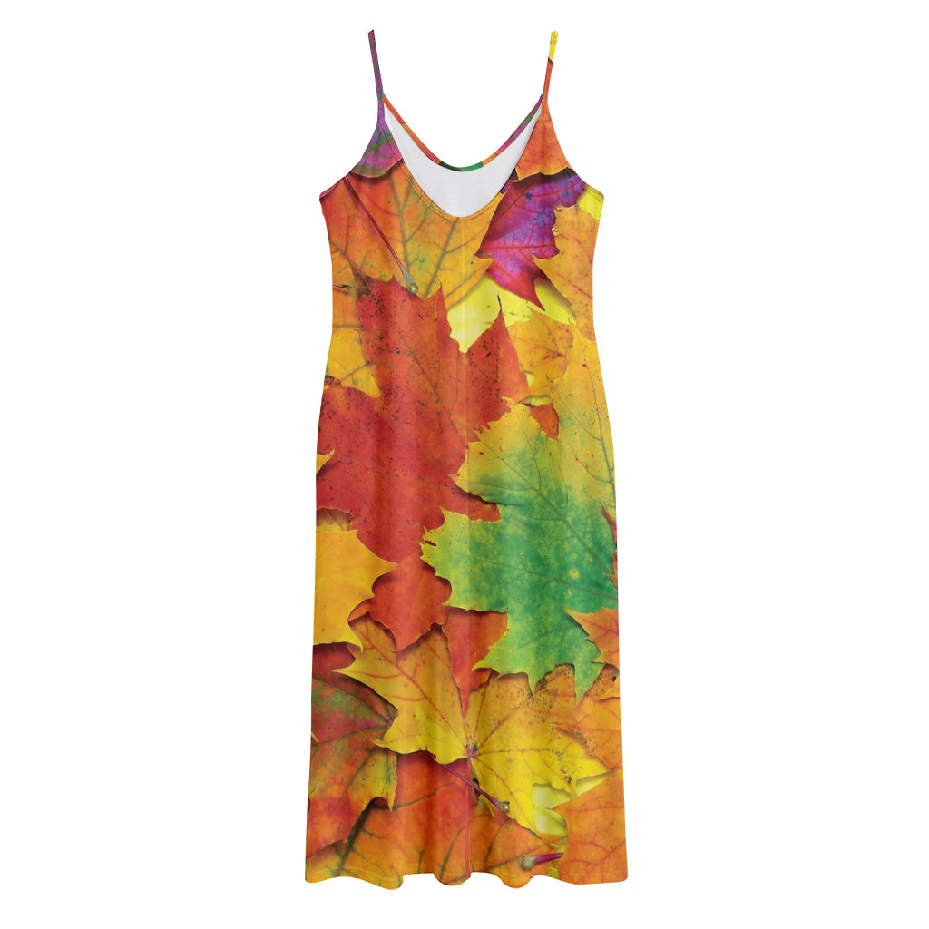 Autumn Maple Leaves Print Jersey Midi Cami Dress