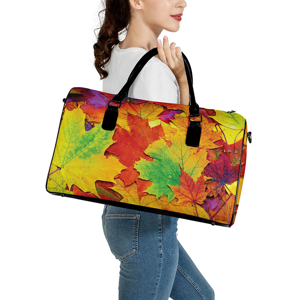 Autumn Maple Leaves Print Leather Duffle Bag