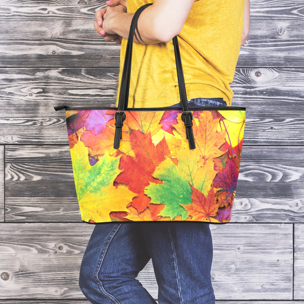 Autumn Maple Leaves Print Leather Tote Bag