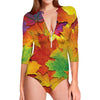 Autumn Maple Leaves Print Long Sleeve Swimsuit