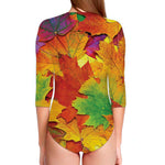 Autumn Maple Leaves Print Long Sleeve Swimsuit