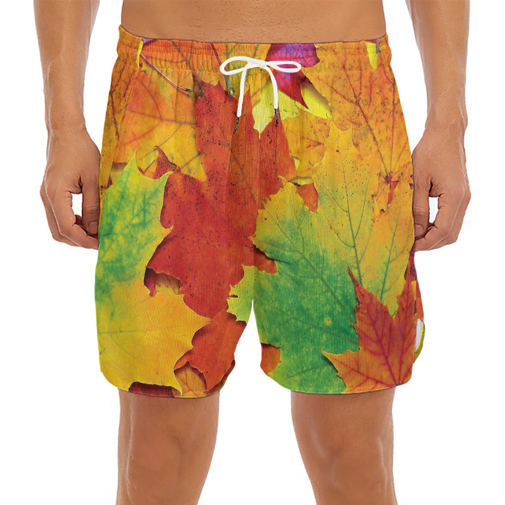 Autumn Maple Leaves Print Men's Split Running Shorts