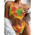 Autumn Maple Leaves Print One Shoulder Bikini Set