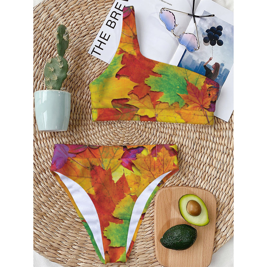 Autumn Maple Leaves Print One Shoulder Bikini Top