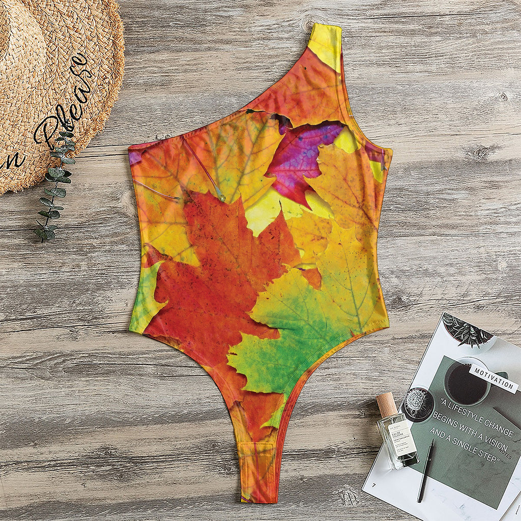 Autumn Maple Leaves Print One Shoulder Bodysuit