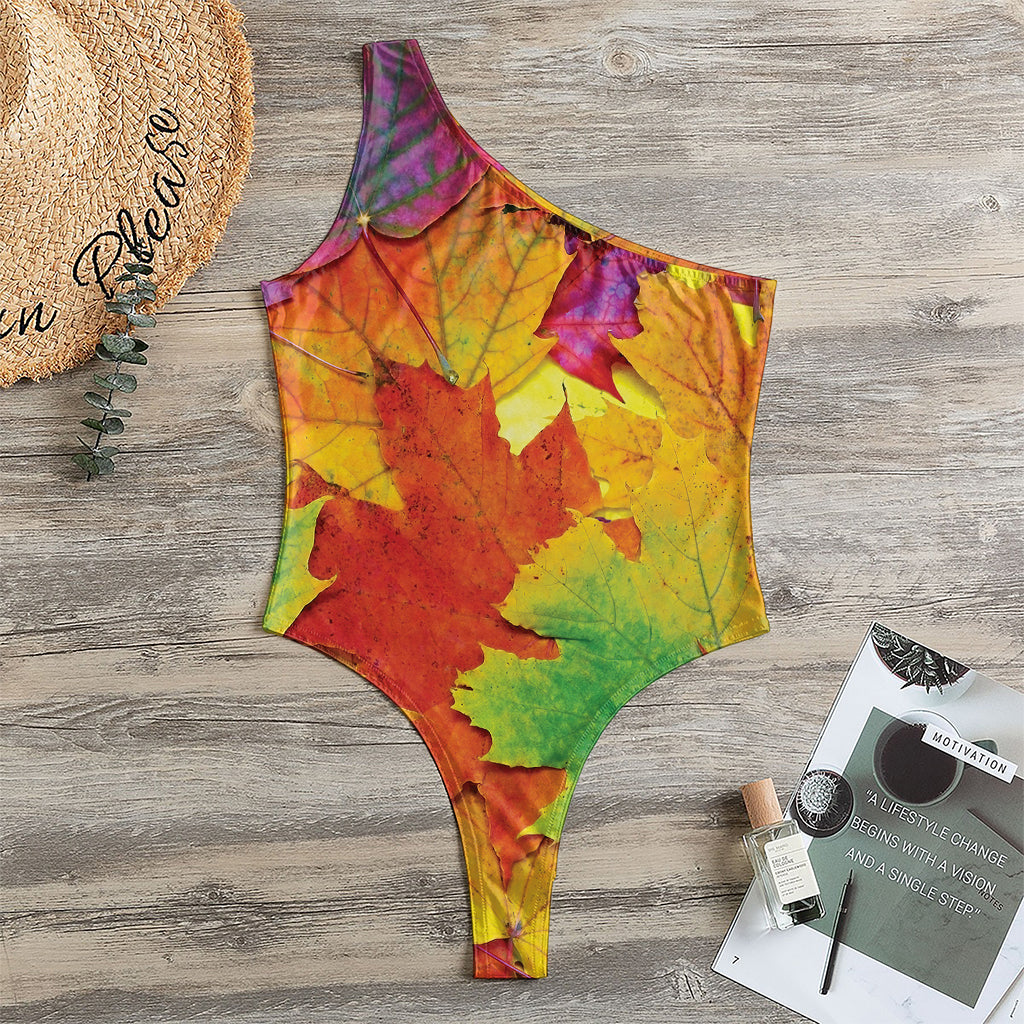 Autumn Maple Leaves Print One Shoulder Bodysuit