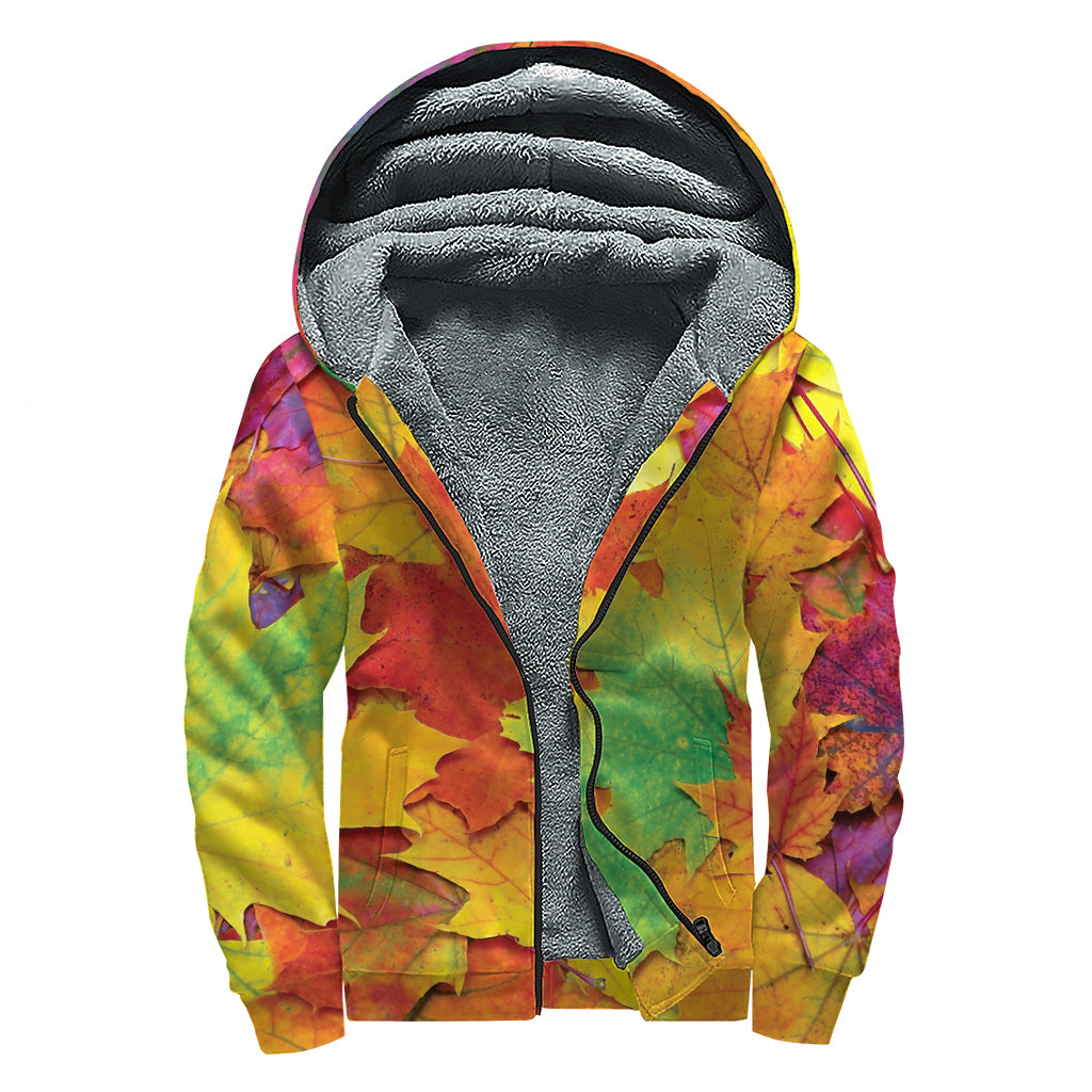 Autumn Maple Leaves Print Sherpa Lined Zip Up Hoodie