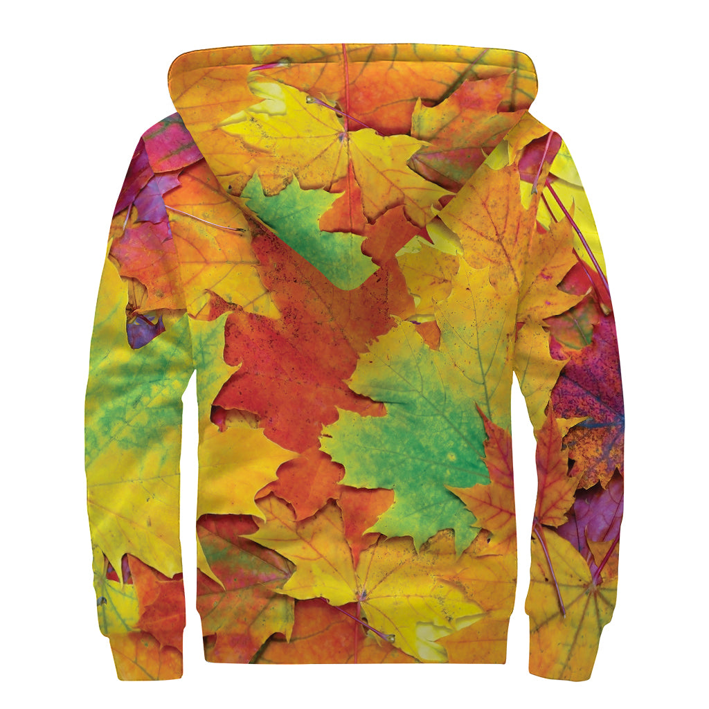 Autumn Maple Leaves Print Sherpa Lined Zip Up Hoodie