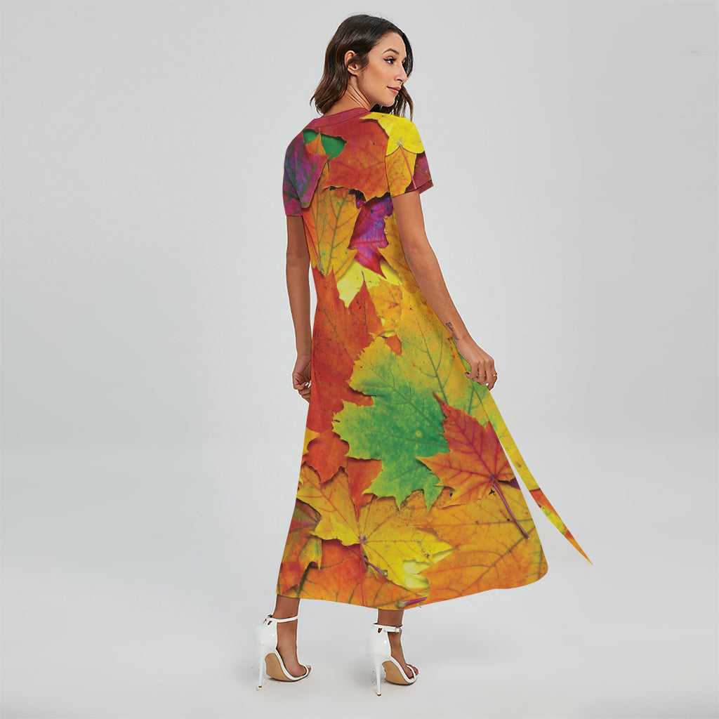 Autumn Maple Leaves Print Short Sleeve Maxi Dress