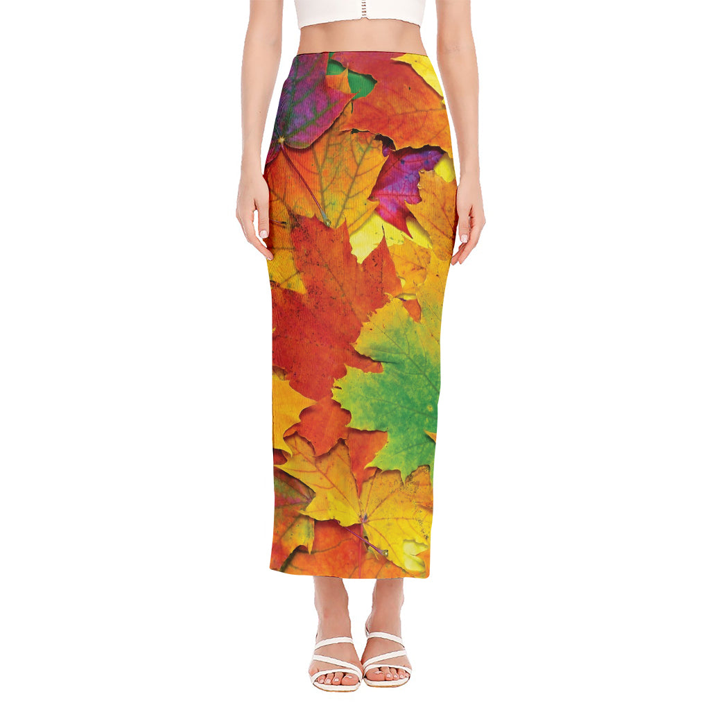 Autumn Maple Leaves Print Side Slit Maxi Skirt