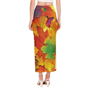 Autumn Maple Leaves Print Side Slit Maxi Skirt