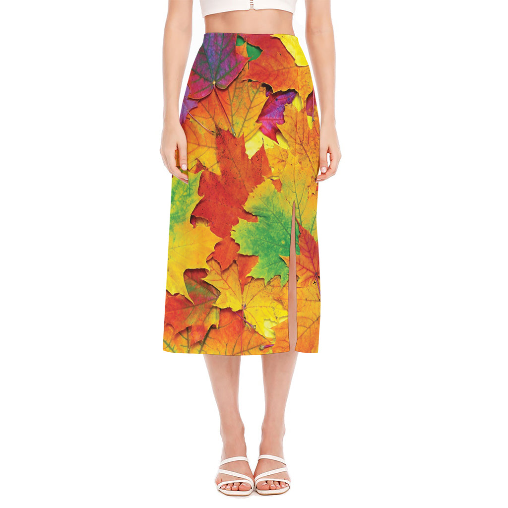 Autumn Maple Leaves Print Side Slit Midi Skirt