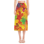 Autumn Maple Leaves Print Side Slit Midi Skirt