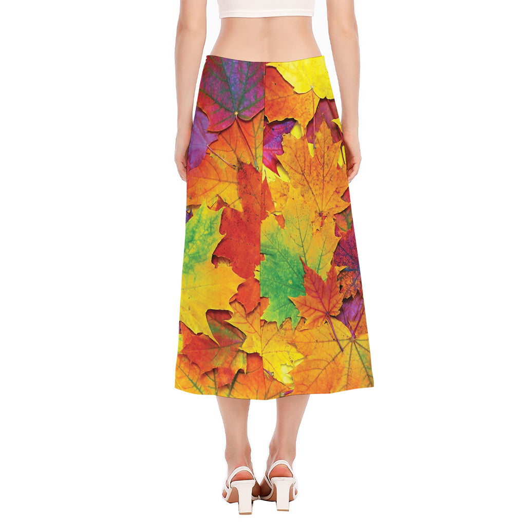 Autumn Maple Leaves Print Side Slit Midi Skirt