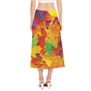 Autumn Maple Leaves Print Side Slit Midi Skirt