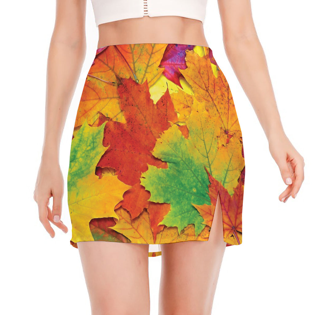 Autumn Maple Leaves Print Side Slit Mini Skirt