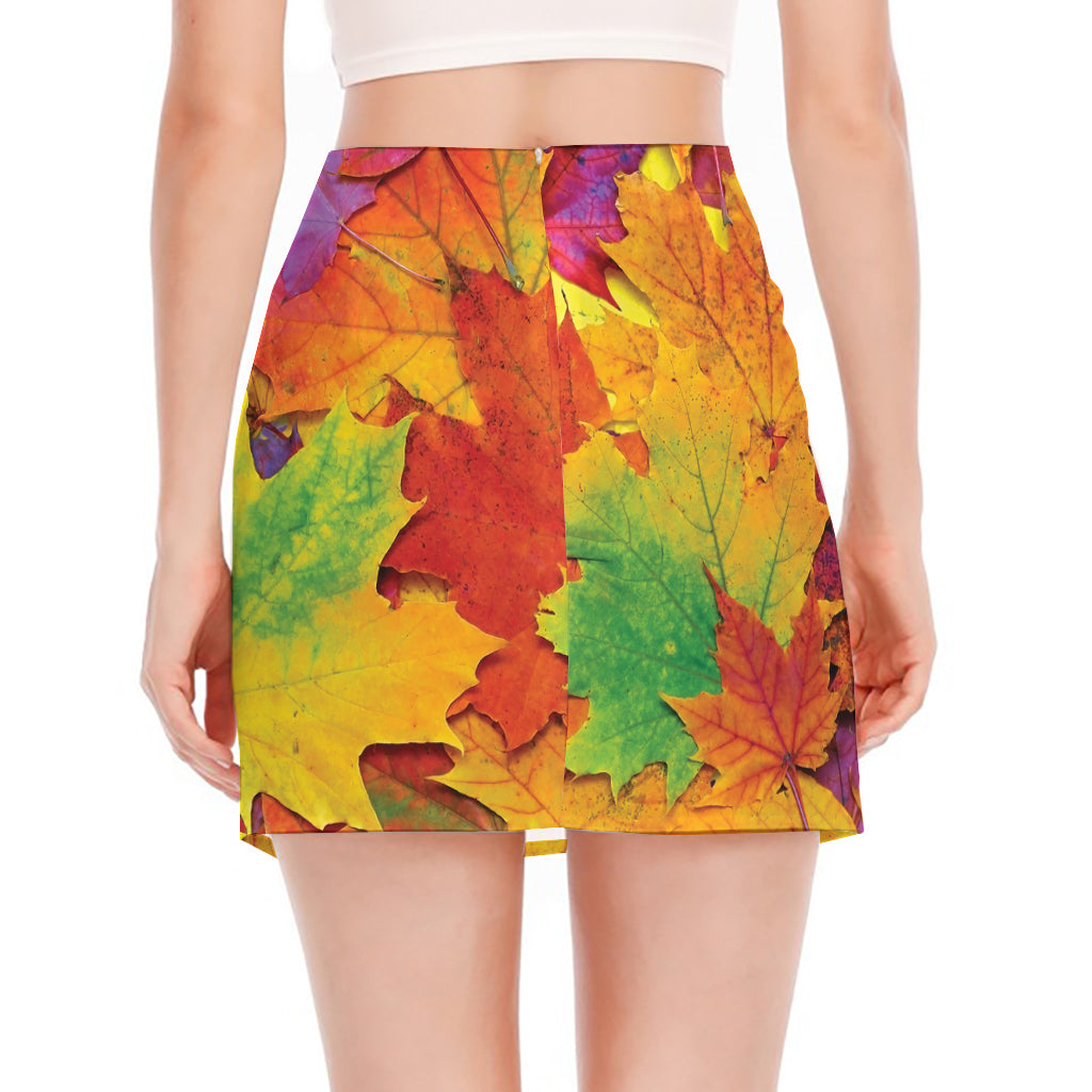 Autumn Maple Leaves Print Side Slit Mini Skirt