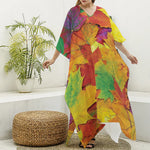 Autumn Maple Leaves Print Silk V-Neck Kaftan Dress