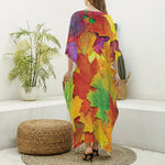 Autumn Maple Leaves Print Silk V-Neck Kaftan Dress