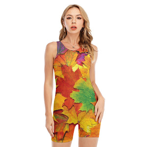 Autumn Maple Leaves Print Sleeveless One Piece Swimsuit