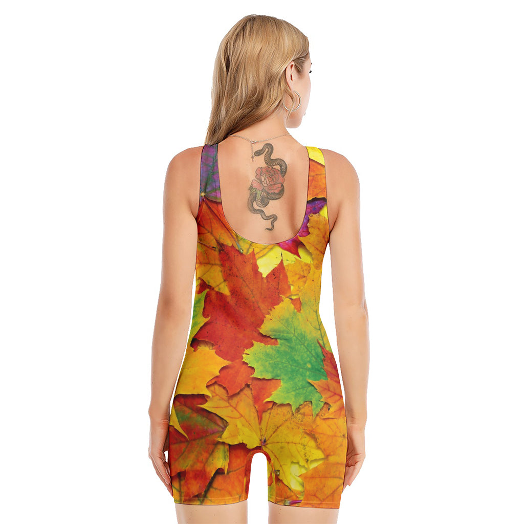 Autumn Maple Leaves Print Sleeveless One Piece Swimsuit