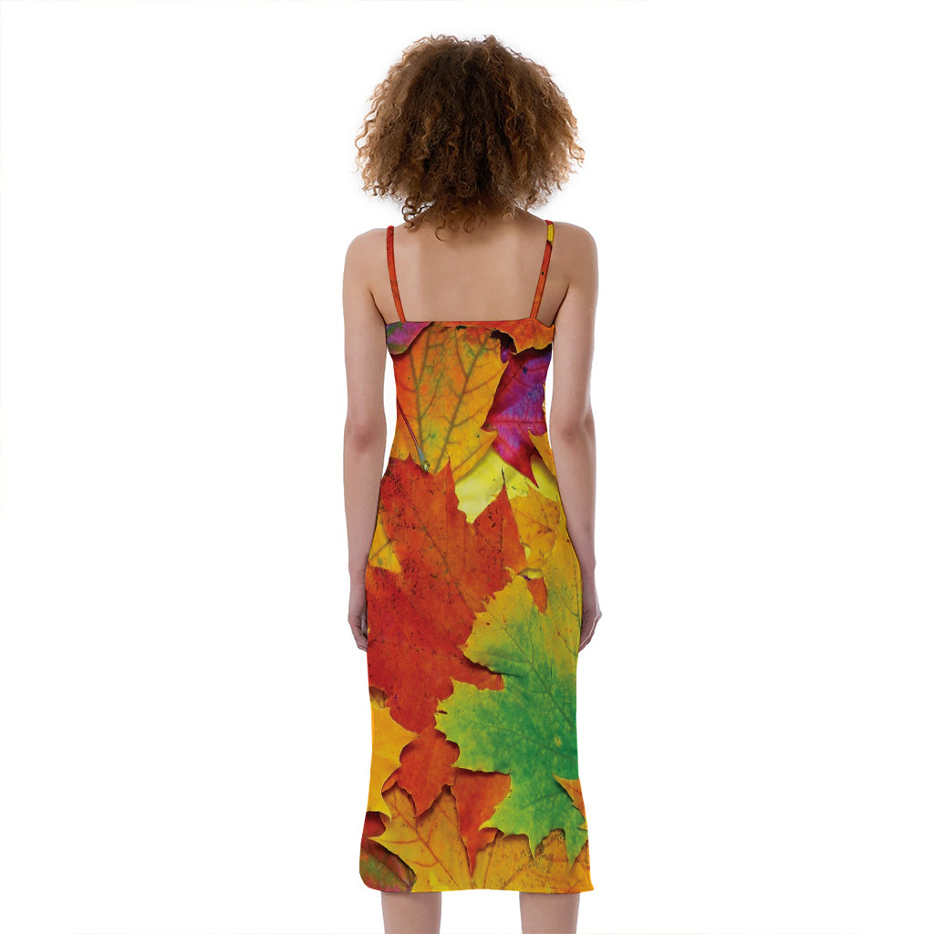 Autumn Maple Leaves Print Slim Fit Midi Cami Dress