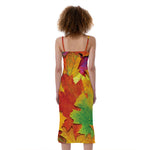 Autumn Maple Leaves Print Slim Fit Midi Cami Dress