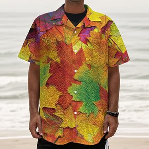 Autumn Maple Leaves Print Textured Short Sleeve Shirt