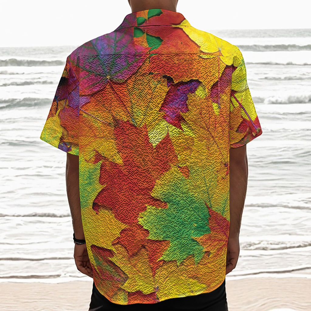 Autumn Maple Leaves Print Textured Short Sleeve Shirt